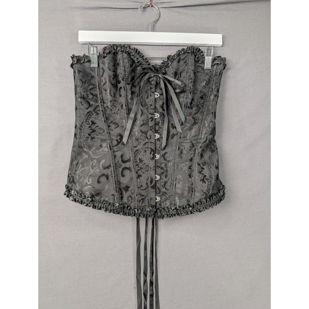 Black Damask Brocade Corset Top Strapless Ruffle Trim Lace Up Back Victorian